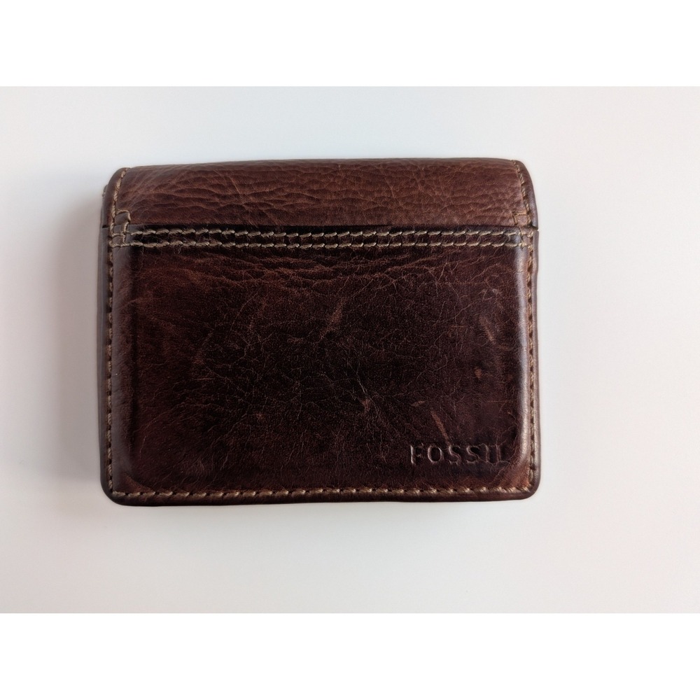 Fossil Mens Brown Leather Trifold Wallet with ID Window and Plaid Lining